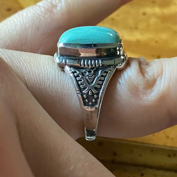 Natural Royston Turquoise Sterling Silver Eagle Ring Size 7 - Picture 3 of 9